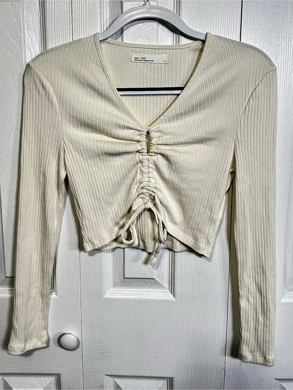Oak + Fort Cream Ribbed Ruched Drawstring Crop Top Small